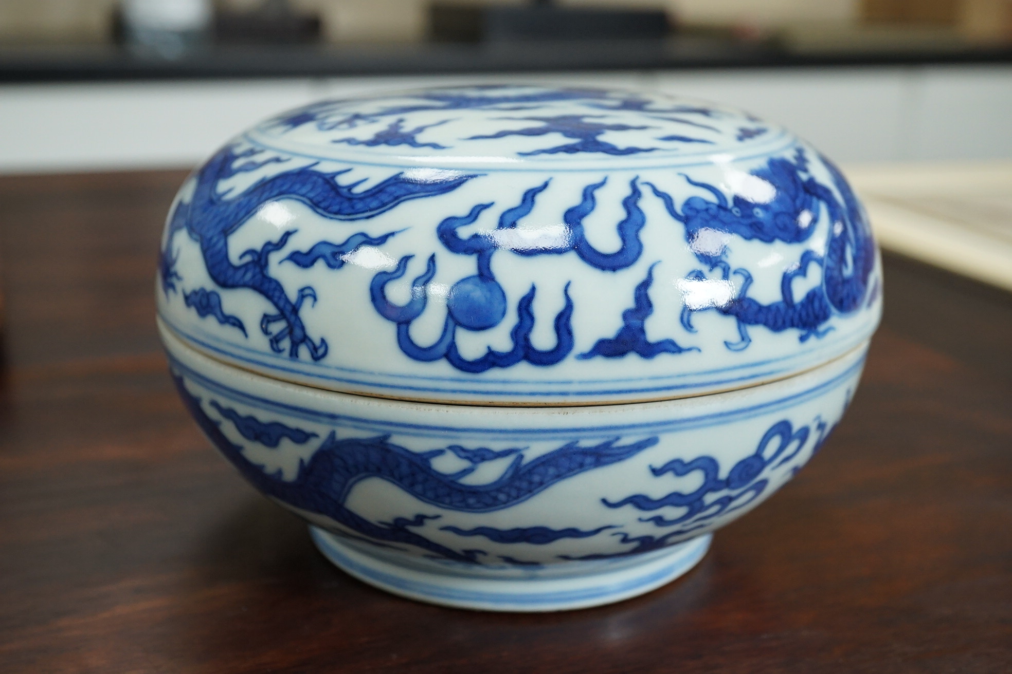A Chinese blue and white ‘dragon’ box and cover, Jiajing six character mark, 19th century
